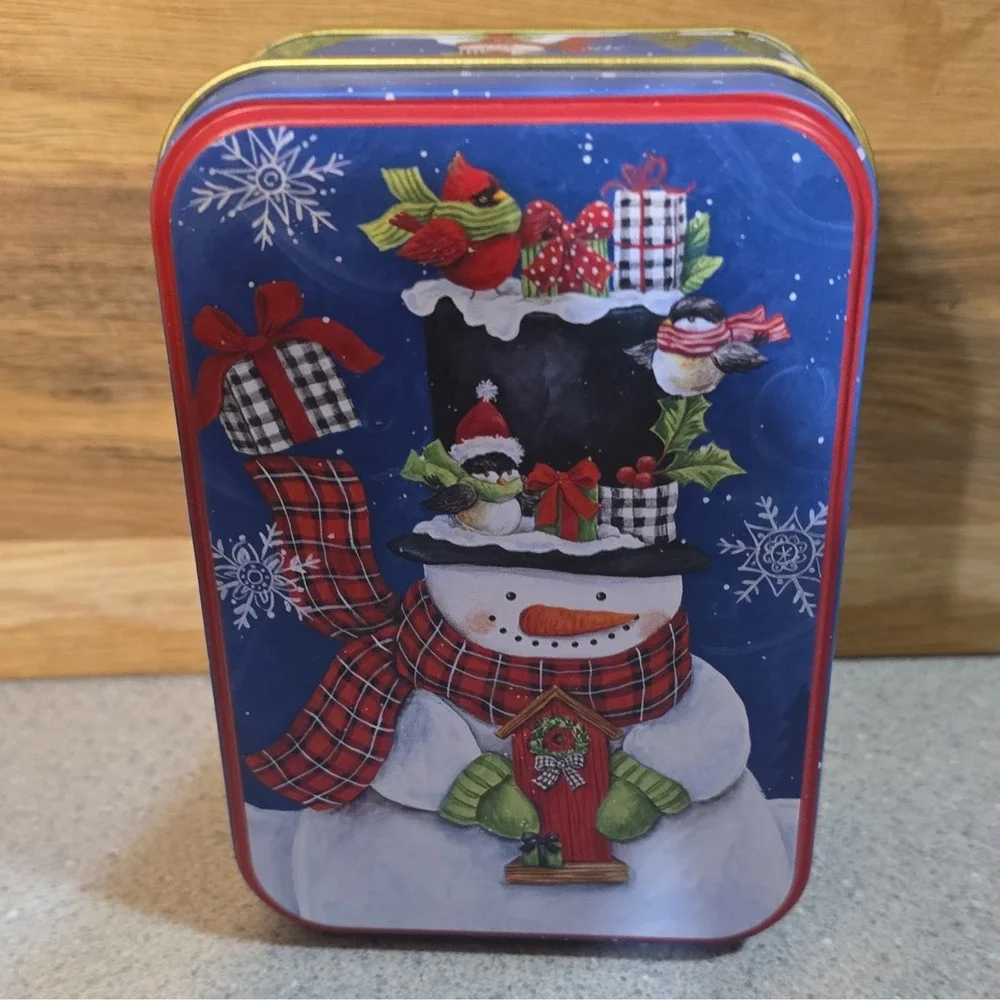 Set of 4 Christmas Snowman Tin Boxes, Rectangle, Square, Bell, Lids Included,